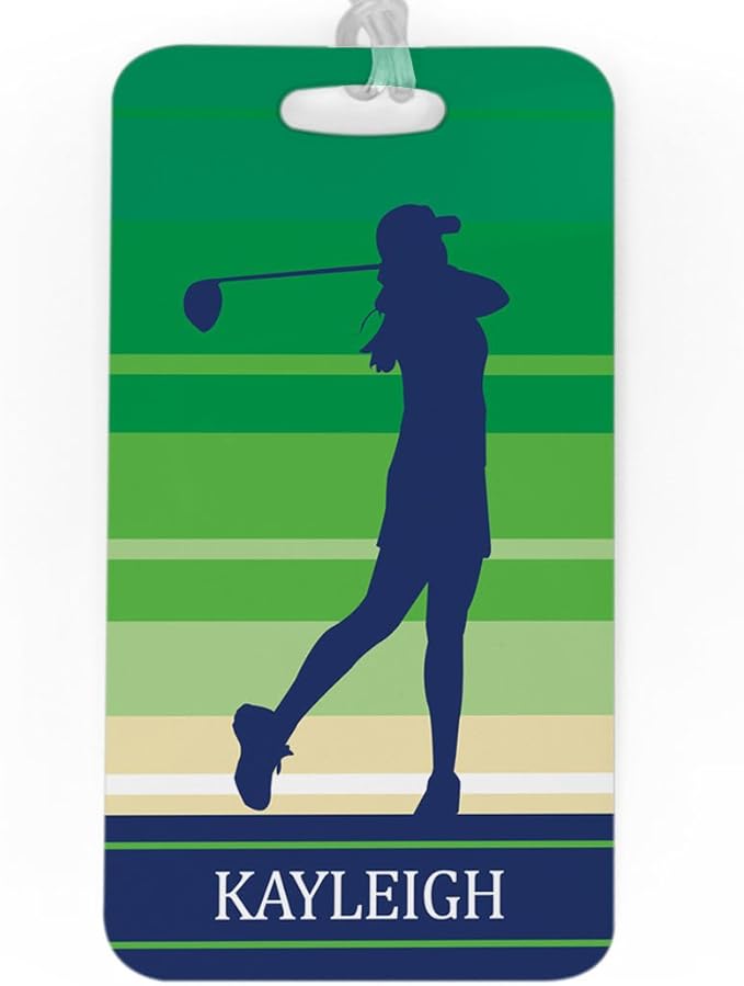 ChalkTalkSPORTS Golf Luggage & Bag Tag | Personalized Female Golfer | Standard Lines on Back | Large | Green