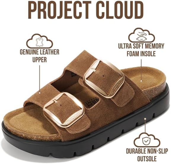 Project Cloud Genuine Leather Platform Sandals Women Footwear - Wedge Chunky Sandals Womens sandals with Memory Foam Insole and Cork Footbed (GREECECHUNKY)