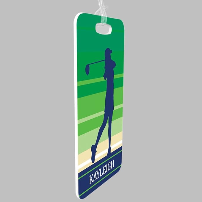ChalkTalkSPORTS Golf Luggage & Bag Tag | Personalized Female Golfer | Standard Lines on Back | Medium | Green