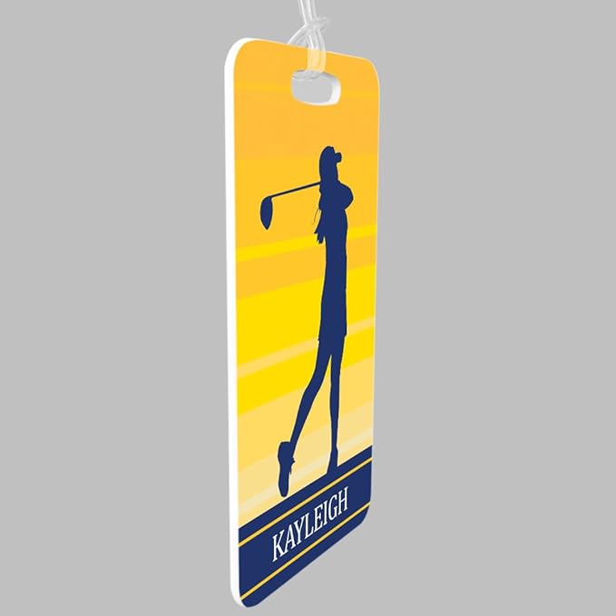 ChalkTalkSPORTS Golf Luggage & Bag Tag | Personalized Female Golfer | Standard Lines on Back | Small | Yellow