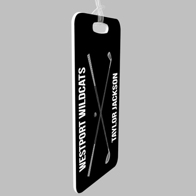 ChalkTalkSPORTS Golf Luggage & Bag Tag | Personalized Crossed Golf Clubs | Standard Lines on Back | Medium | Black/Gray