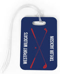 ChalkTalkSPORTS Golf Luggage & Bag Tag | Personalized Crossed Golf Clubs | Standard Lines on Back | Medium | Navy/Red