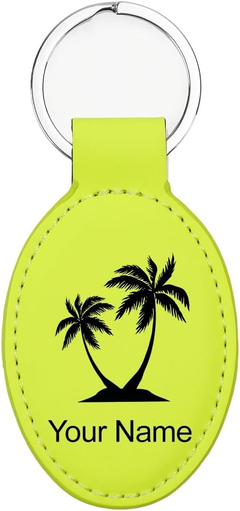 LaserGram Oval Keychain, Palm Trees, Personalized Engraving Included (Neon Green)