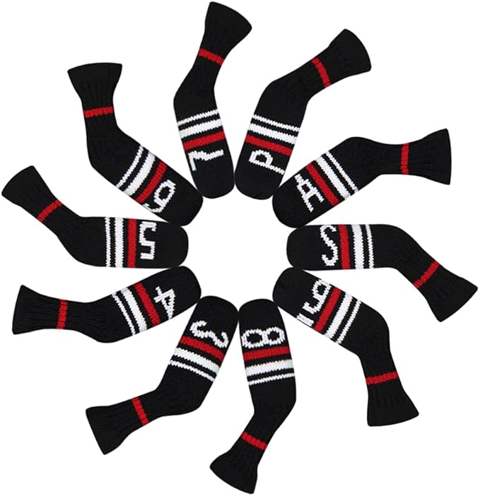 Scott Edward 1/7/10 Pcs Knitted Golf Club Head Covers for Irons Wedge Cuteness and Basically Socks Shape Washable Golf Club Head Protector on Red/Blue Warning Style
