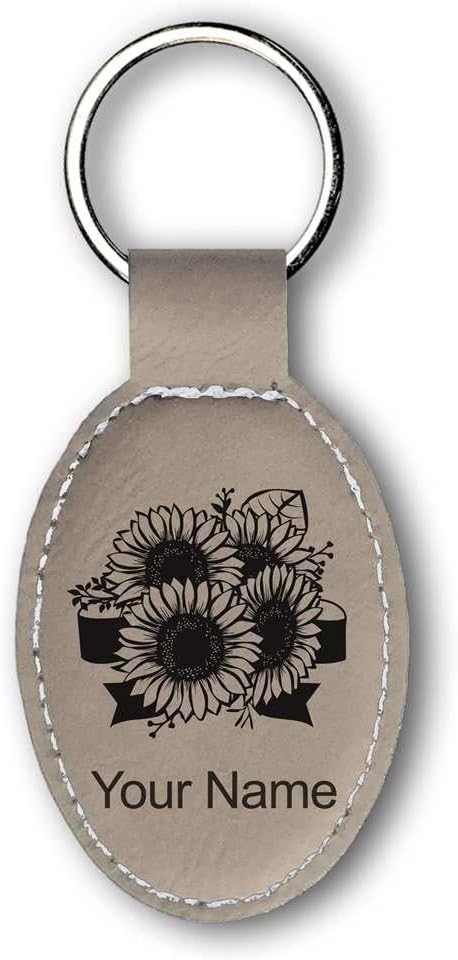 LaserGram Oval Keychain, Sunflowers, Personalized Engraving Included
