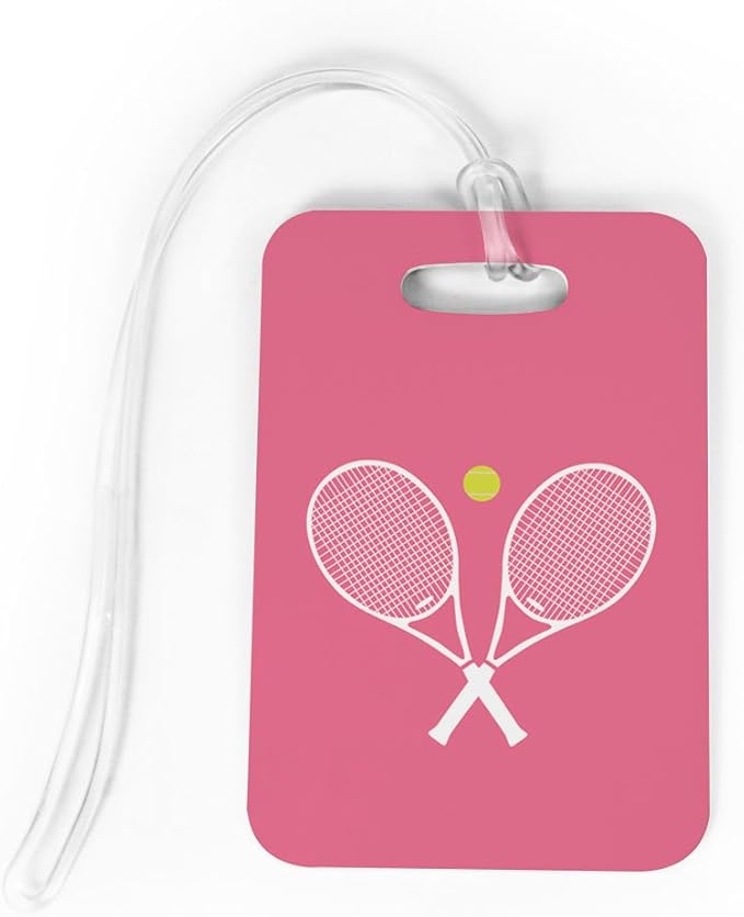 ChalkTalkSPORTS Tennis Luggage & Bag Tag | Crossed Tennis Rackets | Custom Info on Back | Medium | Pink