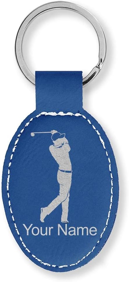 LaserGram Oval Keychain, Golfer Golfing, Personalized Engraving Included (Dark Blue)