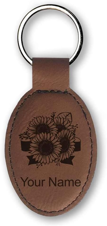 LaserGram Oval Keychain, Sunflowers, Personalized Engraving Included