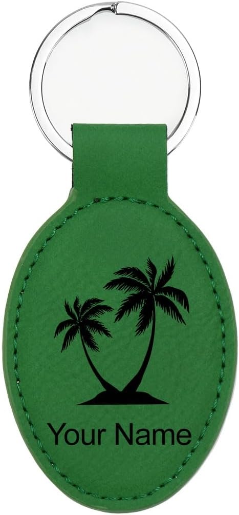 LaserGram Oval Keychain, Palm Trees, Personalized Engraving Included (Green)