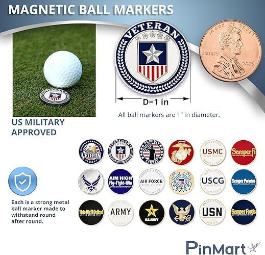 PinMart’s Officially Licensed United States Veteran Bundle Pack of 9 Golf Ball Markers - Golf Accessories for Men and Women - Magnetic Veteran Ball Markers Set of 9