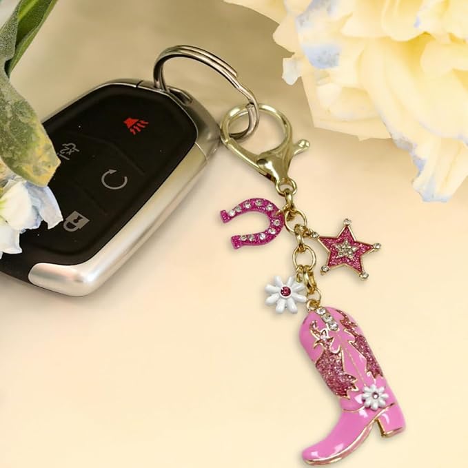 Madison Tyler Western Cowboy Boots Cherry Bow Bubble Tea Strawberry Cute Keychain | Bag Charms for Handbags Purse Charms