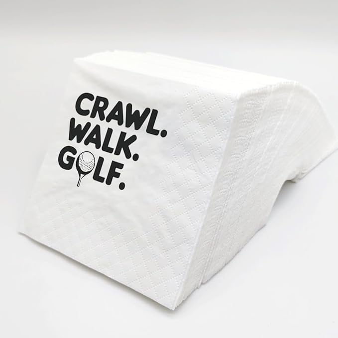 SharkBliss Funny Sarcastic Golf Quotes Cocktail Napkins, 100 Pack Crawl Walk Golf Kids Golf Disposable Paper Cocktail Napkins For Retirement Birthday Baby Shower Party 2-Ply, 5x5" (Crawl Walk Golf)