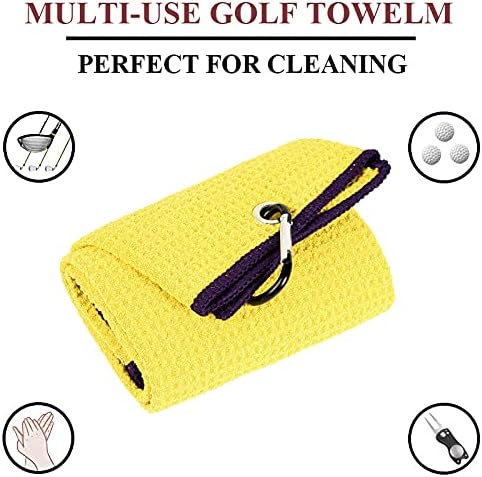 VIVIDLY 2 Pack Tri-fold Golf Towels, Premium Microfiber Fabric Waffle Pattern with Black Heavy Duty Carabiner Clip, Yellow Golf Towels for Golf Bags for Men (Yellow)