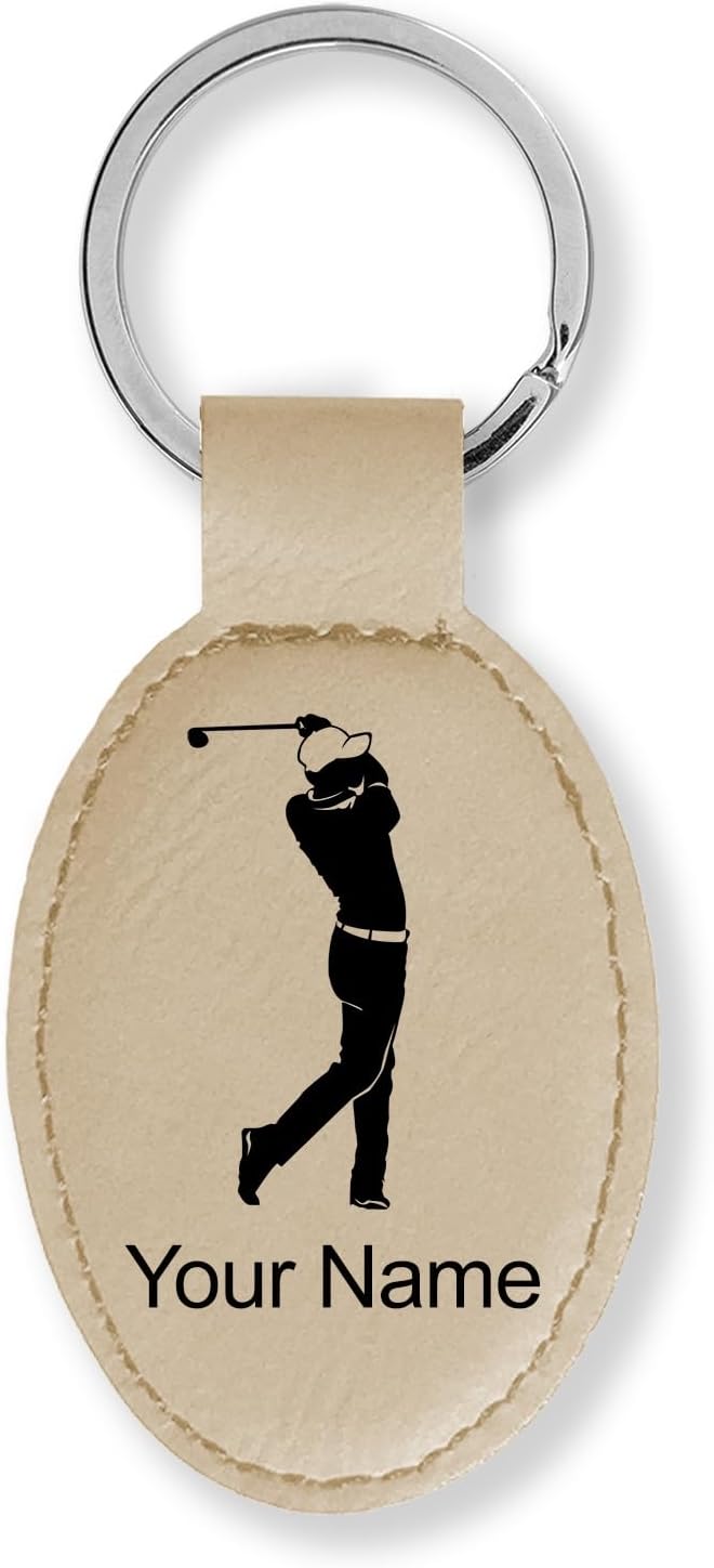LaserGram Oval Keychain, Golfer Golfing, Personalized Engraving Included (Beige)