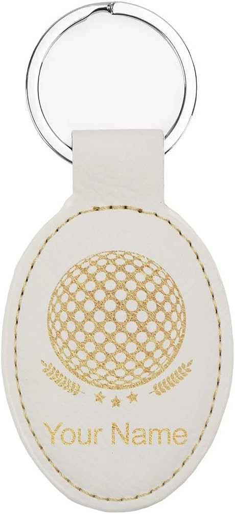 LaserGram Oval Keychain, Golf Ball, Personalized Engraving Included (White with Gold)