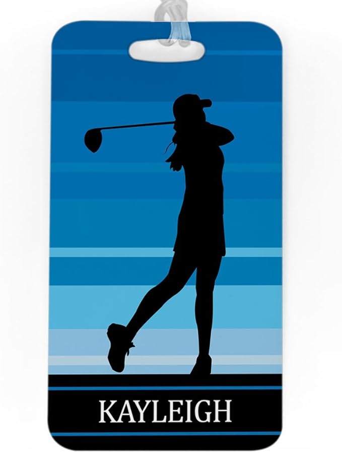 ChalkTalkSPORTS Golf Luggage & Bag Tag | Personalized Female Golfer | Standard Lines on Back | Large | Blue