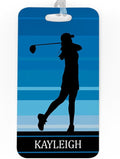 ChalkTalkSPORTS Golf Luggage & Bag Tag | Personalized Female Golfer | Standard Lines on Back | Large | Blue