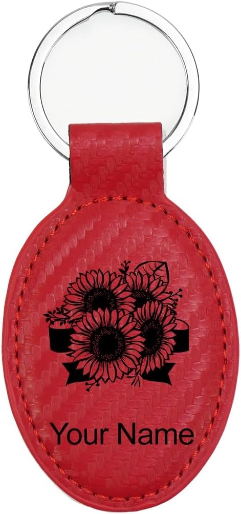 LaserGram Oval Keychain, Sunflowers, Personalized Engraving Included