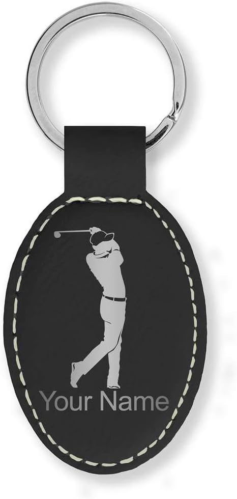 LaserGram Oval Keychain, Golfer Golfing, Personalized Engraving Included (Black with Silver)