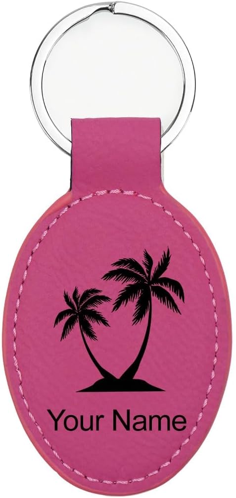 LaserGram Oval Keychain, Palm Trees, Personalized Engraving Included (Hot Pink)