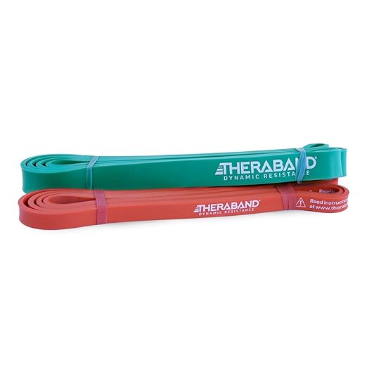 THERABAND High Resistance Bands, Set of 2 Elastic Super Bands for Improving Flexibility, Injury Rehab, & Full Body Workouts, Heavy Duty Stretch Bands for Lifting, 1 Light & 1 Medium Band