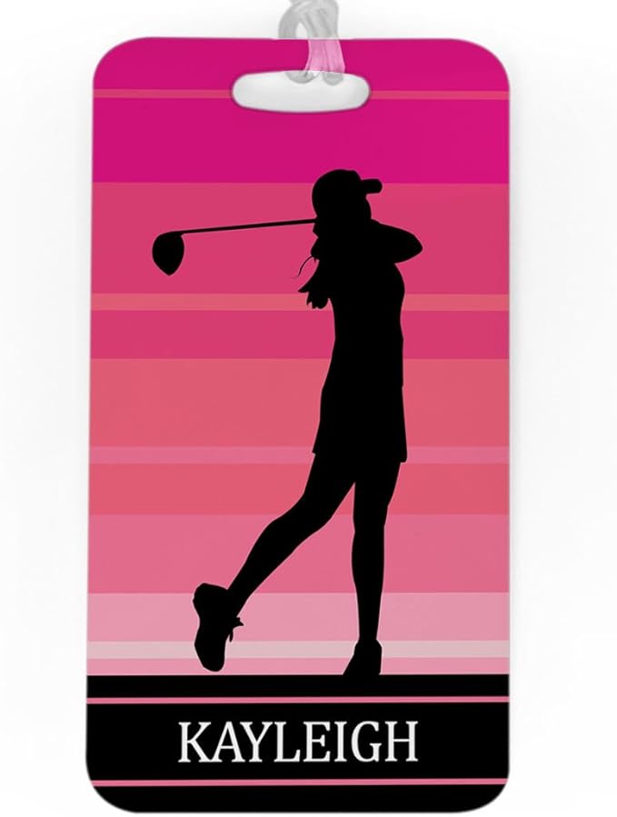 ChalkTalkSPORTS Golf Luggage & Bag Tag | Personalized Female Golfer | Standard Lines on Back | Large | Pink