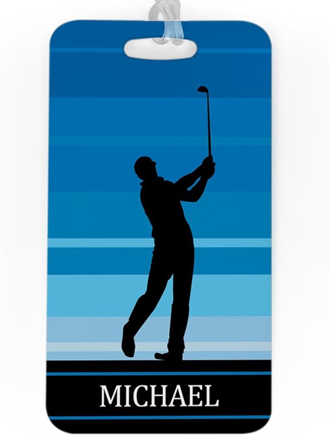 ChalkTalkSPORTS Golf Luggage & Bag Tag | Personalized Male Golfer | Standard Lines on Back | Large | Blue