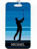 ChalkTalkSPORTS Golf Luggage & Bag Tag | Personalized Male Golfer | Standard Lines on Back | Large | Blue
