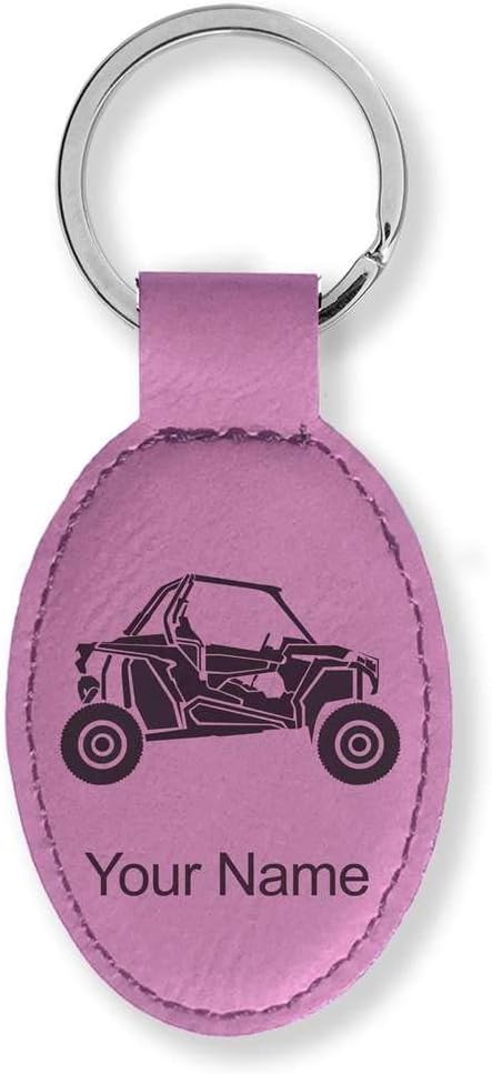 LaserGram Oval Keychain, Off Road Racer, Personalized Engraving Included (Pink)
