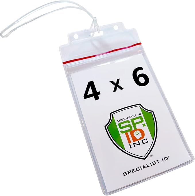 2 Pack - Extra Large Luggage Tags - Clear 4x6 Heavy Duty Cruise Ship I'd Tag/Golf Bag Travel Document Holder w 9" Plastic Loop - Waterproof Immunization Card Zip Pouch for Backpack by Specialist ID