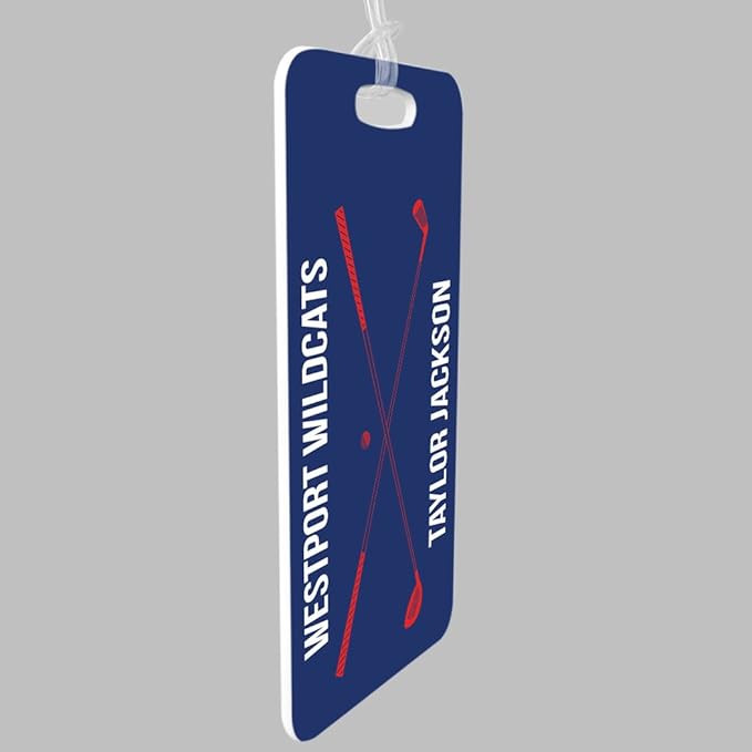 ChalkTalkSPORTS Golf Luggage & Bag Tag | Personalized Crossed Golf Clubs | Standard Lines on Back | Medium | Navy/Red