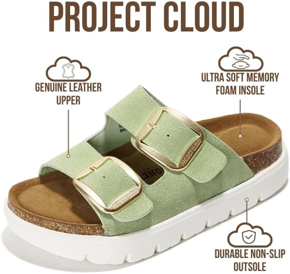 Project Cloud Genuine Leather Platform Sandals Women Footwear - Wedge Chunky Sandals Womens sandals with Memory Foam Insole and Cork Footbed (GREECECHUNKY)