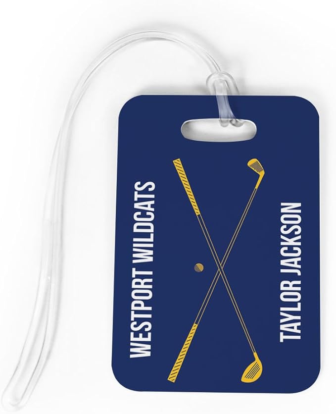 ChalkTalkSPORTS Golf Luggage & Bag Tag | Personalized Crossed Golf Clubs | Standard Lines on Back | Medium | Navy/Gold