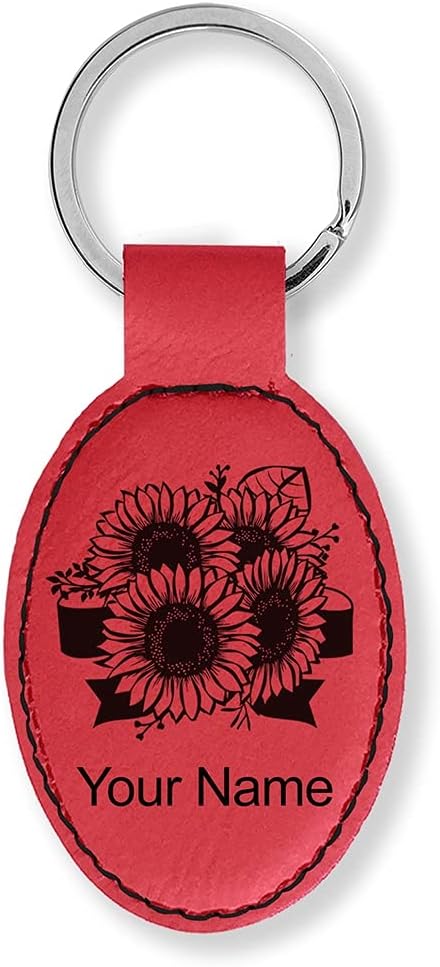LaserGram Oval Keychain, Sunflowers, Personalized Engraving Included