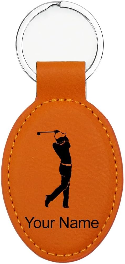 LaserGram Oval Keychain, Golfer Golfing, Personalized Engraving Included (Orange)