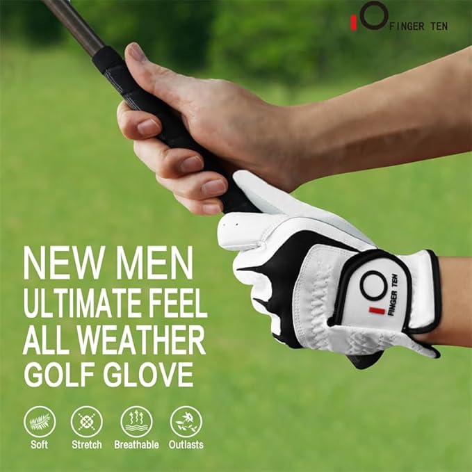 FINGER TEN Premium Cabretta Leather Golf Gloves Men 3 Pack for Right Left Handed Golfer, Comfortable Glove with All Weather Grip for Left Right Hand Size S M ML L XL