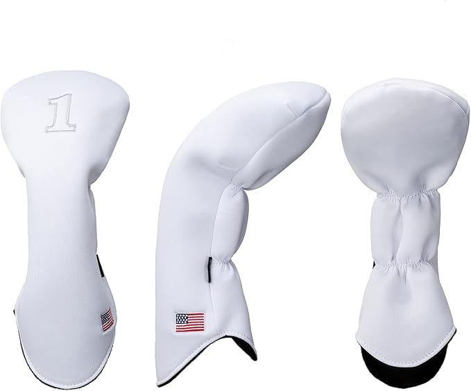 Golf Driver Head Covers 3-Pack for Men & Women - Premium PU Leather with Elephant Embroidery, Double Elastic Band (Driver/Fairway/Hybrid), Waterproof & Durable - White Grey or Black Grey