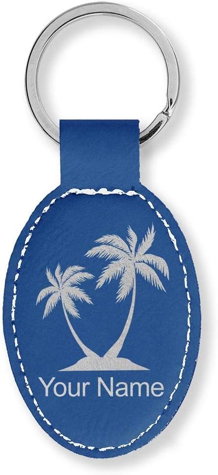 LaserGram Oval Keychain, Palm Trees, Personalized Engraving Included (Dark Blue)