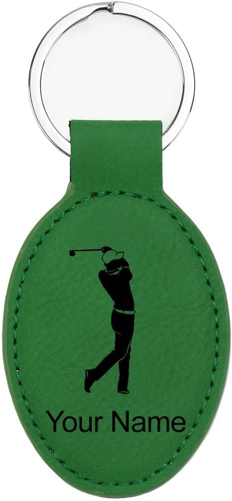 LaserGram Oval Keychain, Golfer Golfing, Personalized Engraving Included (Green)