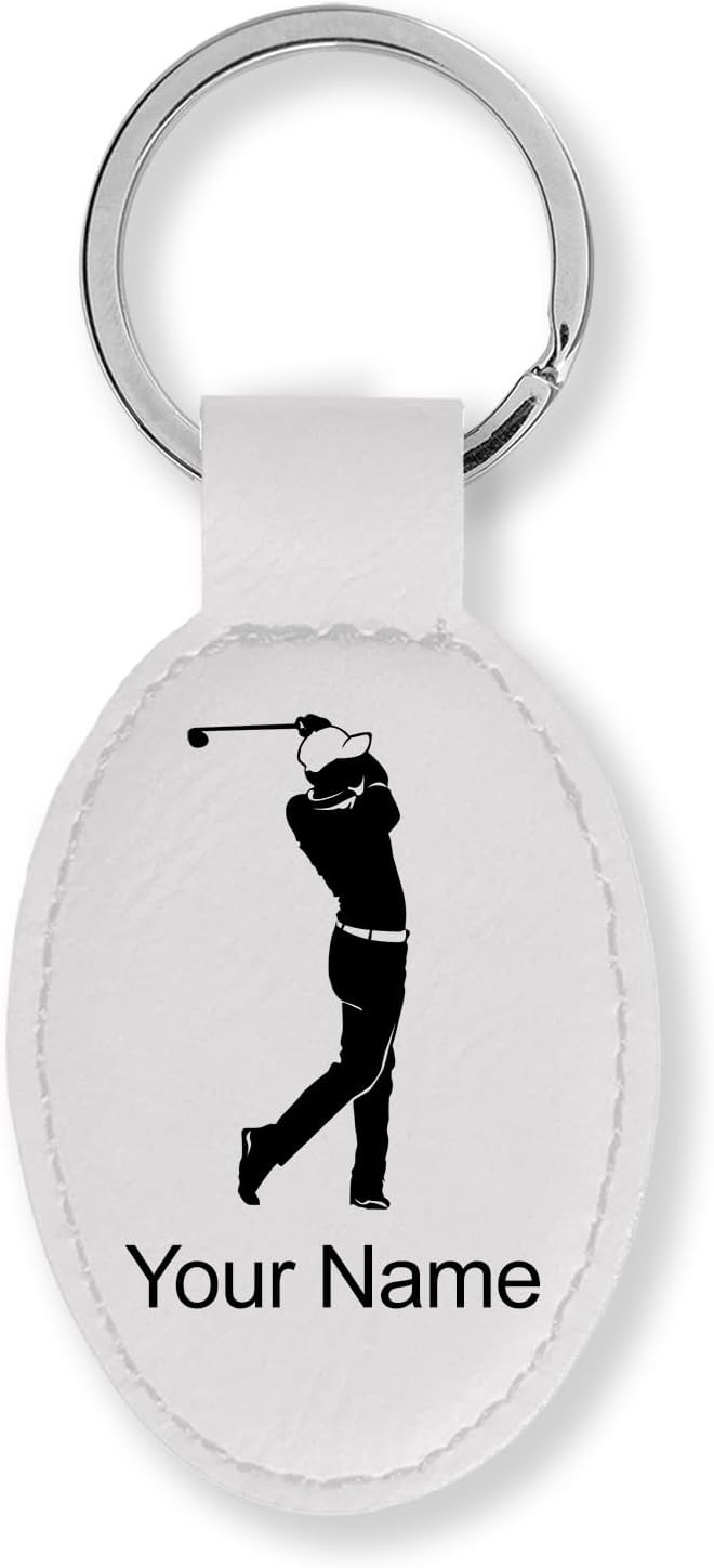 LaserGram Oval Keychain, Golfer Golfing, Personalized Engraving Included (White)
