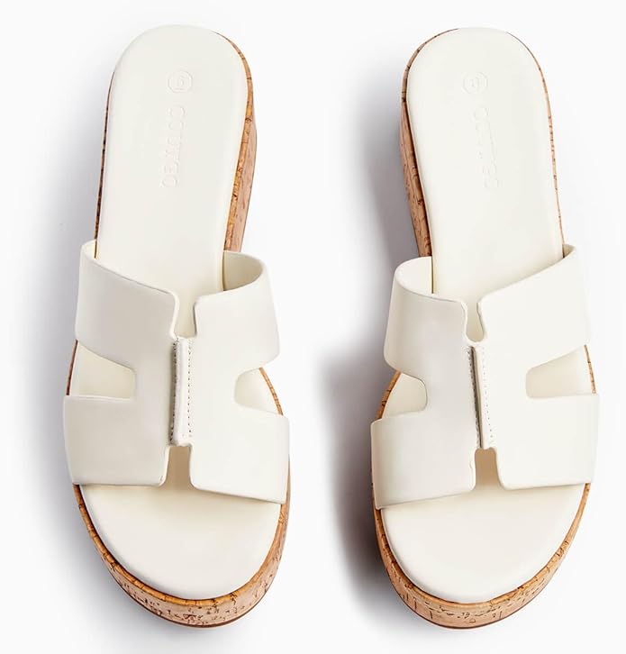 Coutgo Women's Platform Wedge Sandals Open Toe Slip On Slides Cork Heeled Cutout Comfortable Summer Shoes