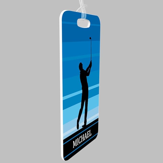 ChalkTalkSPORTS Golf Luggage & Bag Tag | Personalized Male Golfer | Standard Lines on Back | Large | Blue