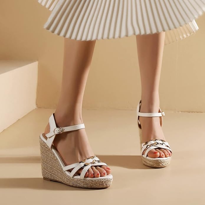 VOKLIN Women's Casual Espadrilles Wedge Sandals Open Toe Ankle Strap Metallic Chunky Platform Dressy Sandal
