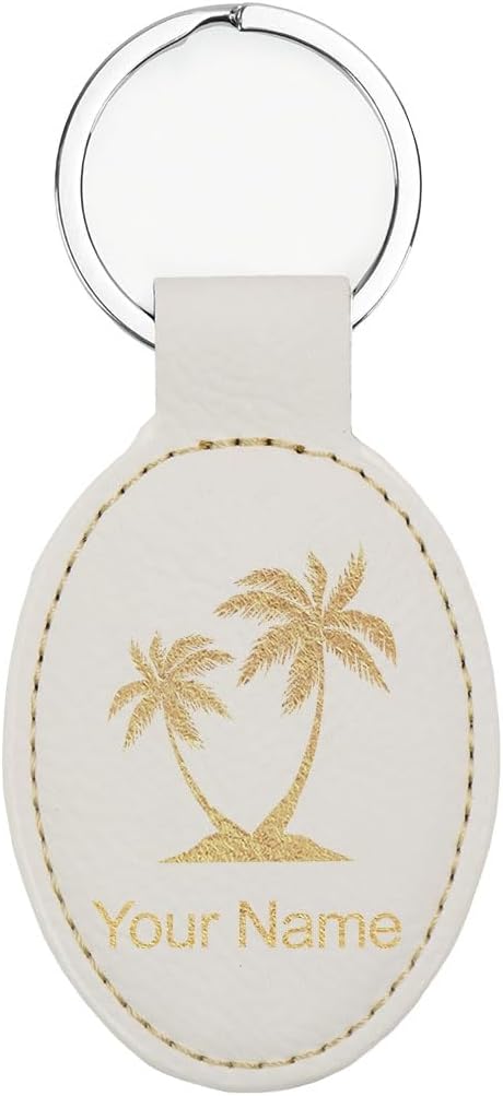 LaserGram Oval Keychain, Palm Trees, Personalized Engraving Included (White with Gold)