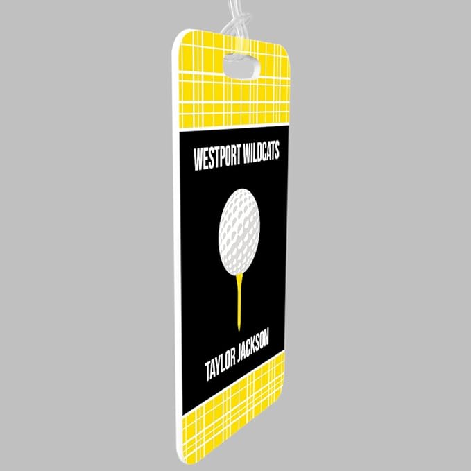 ChalkTallkSPORTS Golf Luggage & Bag Tag | Personalized Team with Golf Ball | Standard Lines on Back | Medium | Yellow/Black