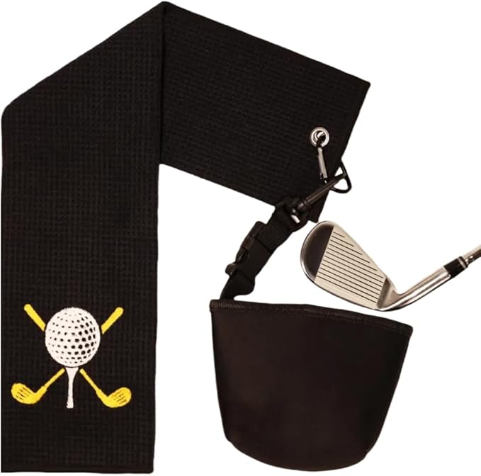 Black 16x24 Inch Waffle Microfiber Golf Towel with Clip, Funny Personalized Design, Tri-Fold for Easy Carry, Includes Waterproof Cleaning Pouch for Golf Balls and Clubs, Ideal Golfing Gifts for Men