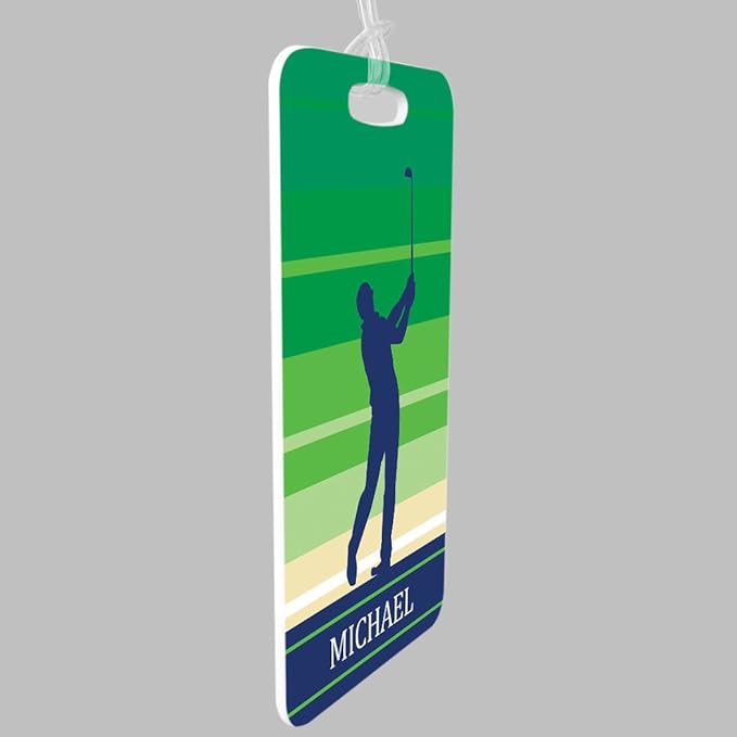ChalkTalkSPORTS Golf Luggage & Bag Tag | Personalized Male Golfer | Standard Lines on Back | Medium | Green