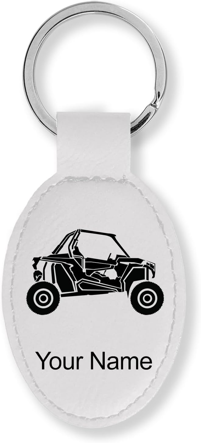 LaserGram Oval Keychain, Off Road Racer, Personalized Engraving Included (White)