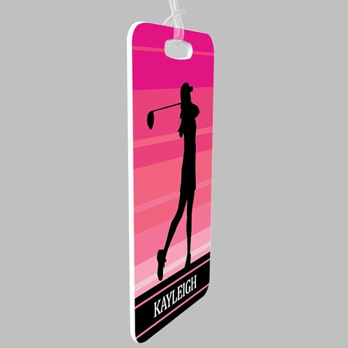 ChalkTalkSPORTS Golf Luggage & Bag Tag | Personalized Female Golfer | Standard Lines on Back | Small | Pink