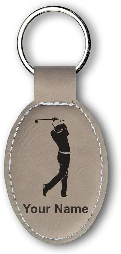 LaserGram Oval Keychain, Golfer Golfing, Personalized Engraving Included (Light Brown)